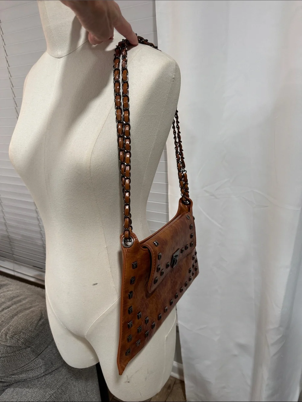 Festival Studded Cognac Brown Vegan Leather Crossbody Shoulder Bag Crossbody